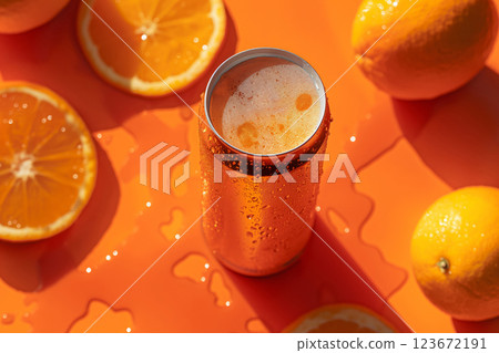 Chilled can of orange soda covered in water droplets on a bright red surface, surrounded by fresh, juicy orange slices 123672191