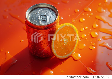 Chilled can of orange soda with condensation beside a fresh orange slice on a glossy, bright red surface with water droplets Chilled can of orange soda with condensation beside a fresh orange slice on a glossy, bright red surface with water droplets 123672192