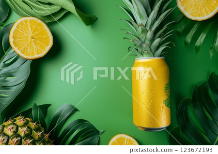 Vibrant image featuring an unbranded can of pineapple soda surrounded by lush greenery and citrus slices on a bright green backdrop 123672193