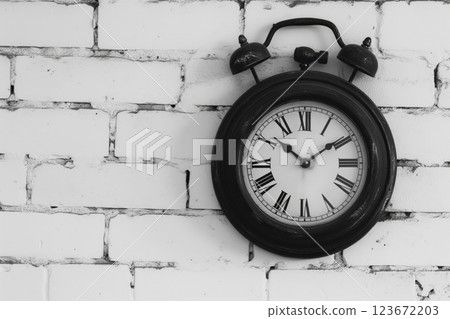 Monochrome photo of a classic wall clock hanging against a textured white brick background, symbolizing the passage of time 123672203