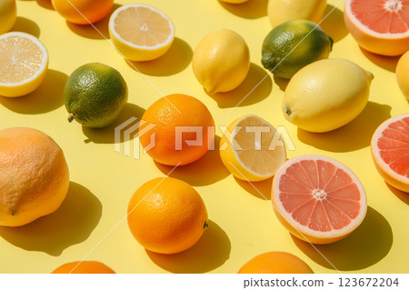 Vivid display of fresh citrus fruits with contrasting shadows, arranged on a sunny yellow background, showcasing summer freshness 123672204