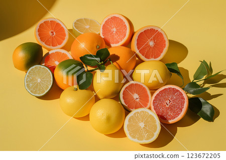 Vibrant collection of citrus fruits, including oranges, lemons, and grapefruits, on a sunny yellow surface with natural shadows 123672205