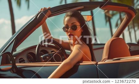 Stylish young woman in a chic swimsuit sits behind the wheel of a luxury convertible car against a backdrop of palm trees 123672270