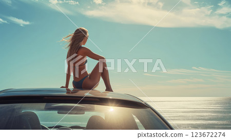 Tranquil scene captures a girl in a swimsuit sitting atop a car roof against the backdrop of a sunlit ocean horizon 123672274