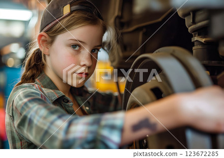 Confident young girl wearing a plaid shirt and baseball cap, carefully inspecting brake pads on a car in an automotive workshop 123672285