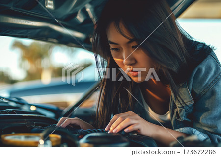 Young adult woman in casual clothing inspecting car engine in the golden hour. Troubleshooting and solving problems independently Young adult woman in casual clothing inspecting car engine in the golden hour. Troubleshooting and solving problems independently 123672286