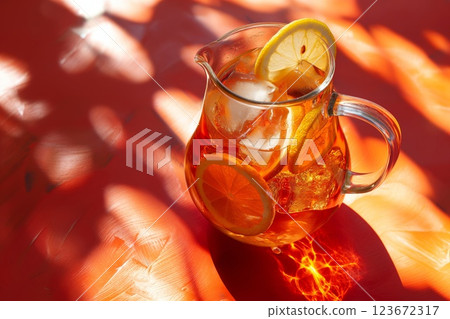Glass pitcher filled with iced tea and lemon slices casts a shadow on a vibrant red surface under sunlight Glass pitcher filled with iced tea and lemon slices casts a shadow on a vibrant red surface under sunlight 123672317