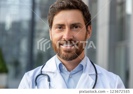 Smiling positive male doctor in lab coat looking determined 123672585
