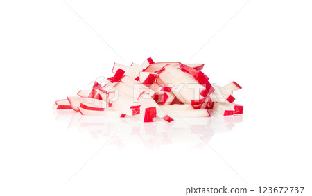 Chopped Radish Roots Isolated, Red Root Cuts, Diced Red Radishes Pile, Sliced Radis on White Background Chopped Radish Roots Isolated, Red Root Cuts, Diced Red Radishes Pile, Sliced Radis on White Background 123672737