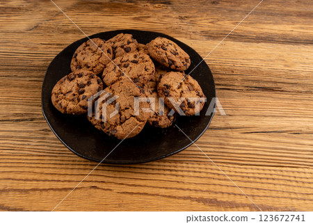 Chocolate chips cookies , American biscuits, cocoa confectionery cake, sweet morsels bakery 123672741
