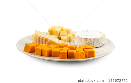 Cheese plate of color cheeses variety, yellow, white and blue cheese board, assorted dairy products Cheese plate of color cheeses variety, yellow, white and blue cheese board, assorted dairy products 123672751