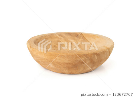 Empty wood bowl isolated, plate on white background, light rustic dish mockup 123672767