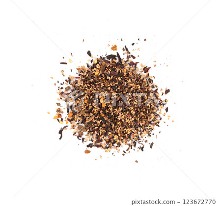 Dry black tea with hibiscus, fruits isolated. Raspberry seeds red tea, karkade flower leaves 123672770