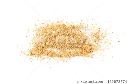Grated wallnut , broken roasted walnuts, heap of nuts crumbs, whole kernel pieces, fractions 123672774