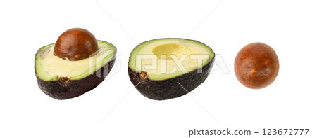 Hass Avocado Half Isolated, Whole Sharwil Set, Brown Avocados Cut, Fresh Alligator Pear, Persea Americana 123672777