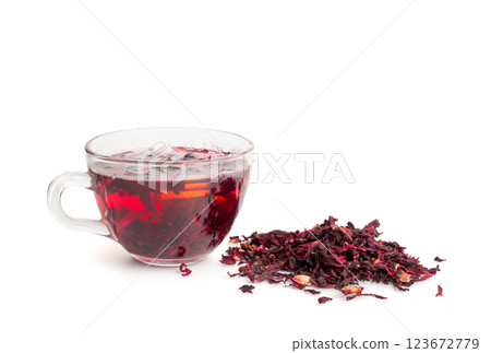 Hibiscus Tea, Dry Rose Drink, Cold Fruit Red Tea in Transparent Mug, Roselle Hibiscus Tea Hibiscus Tea, Dry Rose Drink, Cold Fruit Red Tea in Transparent Mug, Roselle Hibiscus Tea 123672779