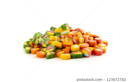 Round gummy candy piles set isolated. Small chewing colorful jellybeans, marmalade cuts, pills 123672782