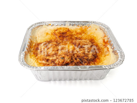 Lasagna portion in aluminium foil tray isolated. Oven baked lasagne for heating, container, airplane food 123672785