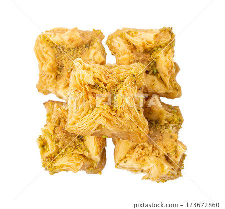 Baklava Isolated, Small Ramadan Dessert, Eastern Sweet Filo Pastries, Turkish Honey Baklawa, Oriental Desert 123672860