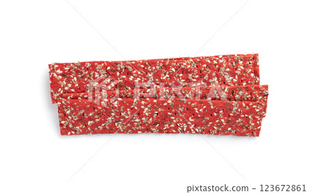 Beetroot crackers, thin rusk beet root bread, red diet multigrain crispbread, various seeds 123672861