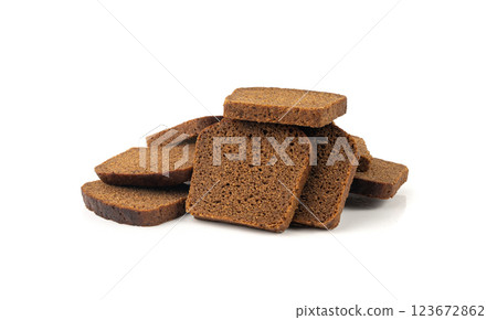 Black rye bread isolated, dark brown sliced loaf, sourdough borodinsky rugbrod square slices 123672862