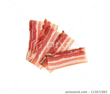 Cured carbonara pork isolated, raw smoked bacon, streaky brisket on white background Cured carbonara pork isolated, raw smoked bacon, streaky brisket on white background 123672865