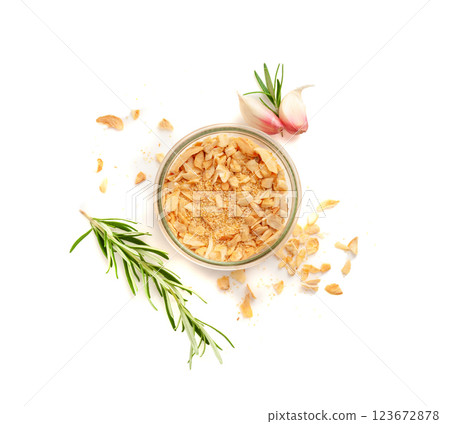 Dry Garlic Slices, Crispy Fried Cloves Pile Closeup, Roasted Grilled Garlic Flakes, Clove Chip Group Dry Garlic Slices, Crispy Fried Cloves Pile Closeup, Roasted Grilled Garlic Flakes, Clove Chip Group 123672878