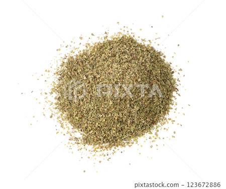 Dry thyme isolated, dried marjoram, oregano pile, ground crushed thyme seasoning, thyme leaves Dry thyme isolated, dried marjoram, oregano pile, ground crushed thyme seasoning, thyme leaves 123672886