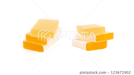 Hotel soap in a package isolated, hand made travel body care cosmetic, hotel shampoo kit Hotel soap in a package isolated, hand made travel body care cosmetic, hotel shampoo kit 123672902