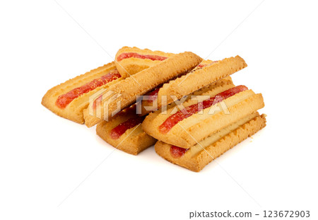 Shortbread sticks with a jam strip isolated, biscuit cookies with fruit marmalade or jelly on white Shortbread sticks with a jam strip isolated, biscuit cookies with fruit marmalade or jelly on white 123672903