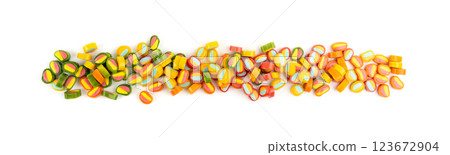 Round gummy candy piles set isolated. Small chewing colorful jellybeans, marmalade cuts, pills Round gummy candy piles set isolated. Small chewing colorful jellybeans, marmalade cuts, pills 123672904