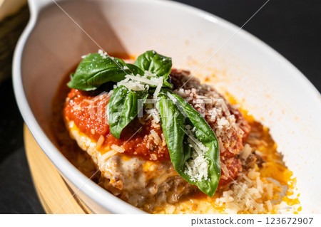 Lasagna portion, oven baked lasagne, pasta layers with cheese, minced meat, tomato in sunny summer day Lasagna portion, oven baked lasagne, pasta layers with cheese, minced meat, tomato in sunny summer day 123672907