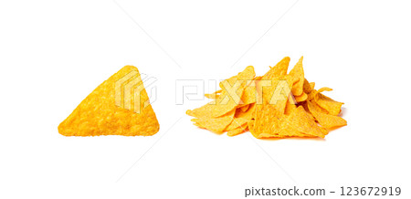 Nachos Chips Isolated, Mexican Triangle Corn Chips for Nacho Tortilla, Maize Snack, Nachos on White Background 123672919
