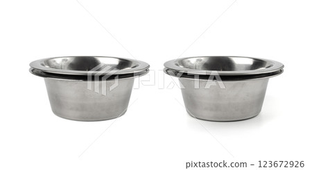 Metal pets bowl isolated, food and water dog container, cat new empty dishes 123672926