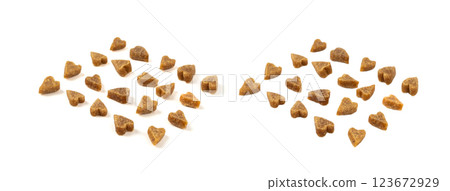 Mini pet food shaped like hearts isolated, small dogs crunchy treats pile, flavored brown dry kibble 123672929