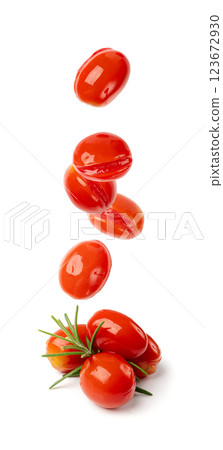 Falling Pickled Cherry Tomatoes Isolated, Flying Small Tomato, Healthy Fermented Vegetables Falling Pickled Cherry Tomatoes Isolated, Flying Small Tomato, Healthy Fermented Vegetables 123672930