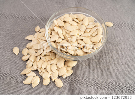 Whole Pumpkin Seeds in Shell Isolated, Raw Pepita Grains, Scattered Green Healthy Nuts 123672933