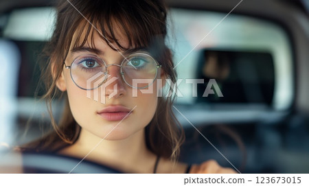Portrait of a focused young woman with glasses adjusting the rearview mirror in her vehicle before starting her journey 123673015