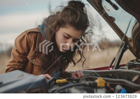 Confident young woman in a leather jacket carefully examines car engine components, troubleshooting a possible issue, with determination on her face 123673029