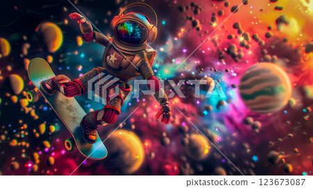 Robot Astronaut with headphones drifting on skateboard in outer space among planets, comets, stars. Vertical banner for music rave party. Musical trip 123673087