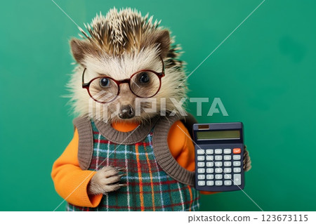 Cute hedgehog wearing glasses and a vest stands against a green backdrop holding a calculator, embodying a nerdy appearance 123673115