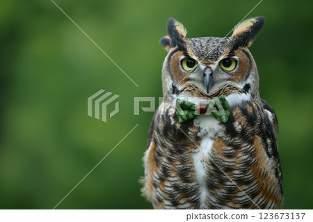 This elegant owl exudes sophistication, adorned with a stylish green bowtie and classic monocle against a blurred green background 123673137