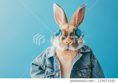 Fashionable brown rabbit donning trendy sunglasses and a classic denim jacket against a seamless blue background for a cool vibe 123673182