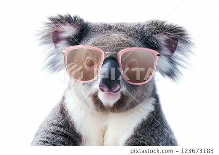 Playful portrait of a koala sporting stylish oversized sunglasses, isolated on a white background, exuding a cool vibe 123673183