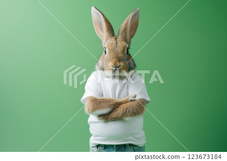 Trendy rabbit posing confidently in a white t-shirt against a solid green background, showcasing a humorous and playful concept 123673184