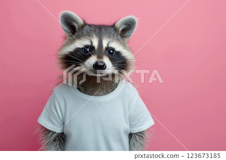Fashionable raccoon dons a crisp white t-shirt, posing with a playful demeanor against a soft pink backdrop in this quirky photo Fashionable raccoon dons a crisp white t-shirt, posing with a playful demeanor against a soft pink backdrop in this quirky photo 123673185