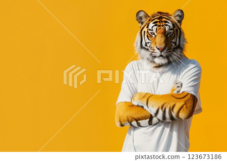 Stylish tiger character wearing a casual white t-shirt poses confidently with crossed arms against a vivid yellow backdrop 123673186