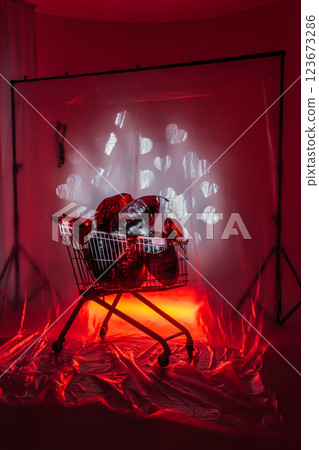 supermarket trolley full of foil balloons on red background. creative photo zone with hearts supermarket trolley full of foil balloons on red background. creative photo zone with hearts 123673286