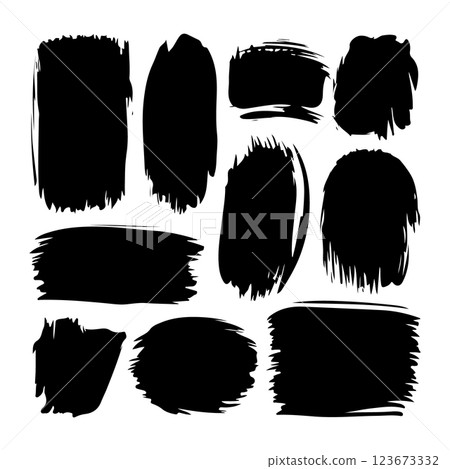 A collection of black ink brush strokes with a rough texture and organic forms. Perfect for backgrounds, digital art, and modern design. 123673332