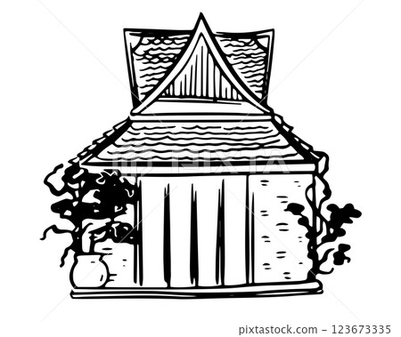 Thai house Vihara vector whimsical line sketch on isolated background. Naive Linear contour illustration Zen monastery for logotype or contemporary design. Monochrome contour drawing temple. 123673335